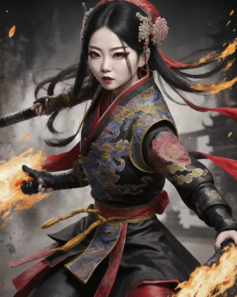 color ink splashing, best quality,masterpiece,highly detailed,ultra-detailed,   beijing opera, solo, 1girl, black hair, makeup  ...