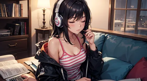 girl with headphones enjoying music in a home　i am studying　emphasize a little bit of the big chest　looking towards me with eyes...