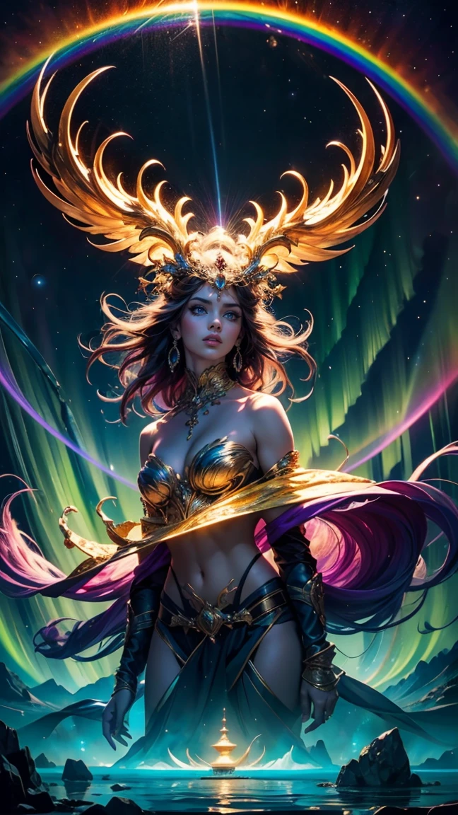 In the heart of a fantastic land, a beautiful, perfect Goddess adorned in kaleidoscopic armor roams, her majestic form a mesmerizing blend of shimmering robes in every color of the rainbow. This creature is the embodiment of chaos and beauty in equal measure. Imagine this being depicted in a detailed painting, each brushstroke bringing to life its ethereal glow and majestic presence. Fantastic Aurora Borealis background in vibrant kaleidoscopic colors. It hovers over the waters. The image is breathtaking in its vividness, capturing the essence of a creature only whispered about in legend. This high-quality illustration perfectly captures the essence of this exotic mythopoeic being, transporting viewers to a world of awe and wonder.