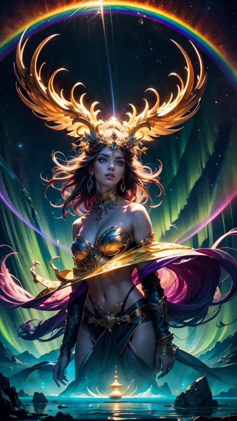 In the heart of a fantastic land, a beautiful, perfect Goddess adorned in kaleidoscopic armor roams, her majestic form a mesmeri...