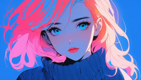 Illustrator, anime , Realistic ,sketch , 1 Girl, ,lip, sweater,order, Blue gradient background, Neon Hair,Textured Trim, Canadia...