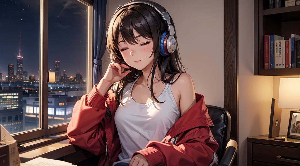 Girl with headphones enjoying music in a home　I am studying　Emphasize a little bit of the big chest　Looking towards me with eyes closed　Night Background