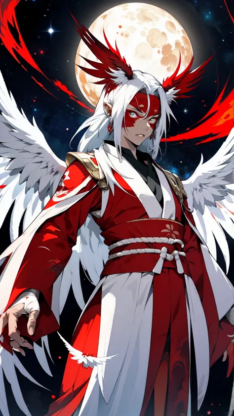 An intimidating and terrifying space tengu, height is 3 meters, The skin is red and hot, Long white hair, Angelic white wings, D...