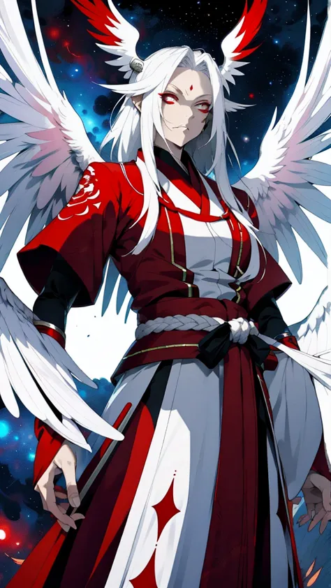 an intimidating and terrifying space tengu, height is 3 meters, the skin is red and hot, long white hair, angelic white wings, d...