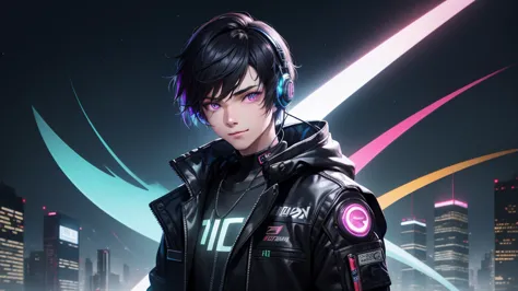 1boy, (extremely beautiful), solo, male focus, cyberpunk, neon lights, vibrant colors, headphones, Cyberpunk, neon, masterpiece,...