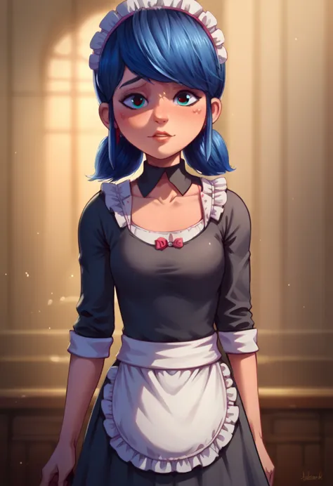 marinette dupain cheng from miraculous dressed as a very sexy maid standing facing the viewer in first person with a look of lov...