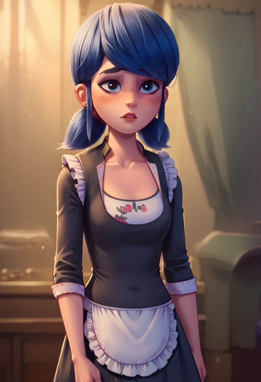 Marinette Dupain Cheng from Miraculous dressed as a very sexy maid standing facing the viewer in first person with a look of love and tenderness