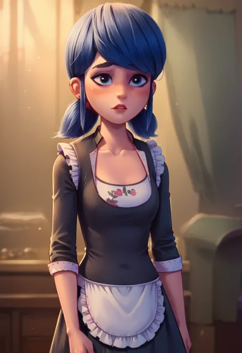 Marinette Dupain Cheng from Miraculous dressed as a very sexy maid standing facing the viewer in first person with a look of lov...