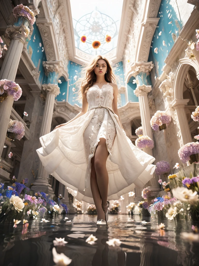 ((((There were flowers floating in the air:1.4)))),
(((dramatic))),(strong),(fierce),
A film with a young woman as the main character.,
(Low Angle shooting:1.4),(((super wide Angle lens:1.4))),realistic 32K resolution,(extremely detailed textures and lighting:1.6),
The girl with the red hair,(((Milky skin))),(((shiny skin))),
Smooth movement,white lace skirt with scalloped hem,ornate,((architectural structures made up of colorful geometric shapes:1.1)),
(Adds to the overall feeling of softness. The color palette is dominated by saturated paint pools),(ornate:1.2),architectural structures made up of colored geometric shapes,reimagined religious art,
With bright colors,make the film dynamic and visual impact,elegant,feminine,energetic,costume,pose,front,color,dynamic,background,elements,confident,expression,accessories,majestic,coiled,around,scene,bold,eye-catching,stylish,font,attractive,title,large,eye-catching,modern,focused,stylish,full body,(long legs:1.1),visual impact,((1.3) to walk:),(high contrast:1.2),(high saturation:1.2),(hand on the pocket),Best quality,masterpiece,ultra high res,(photorealistic:1.4),raw photo,