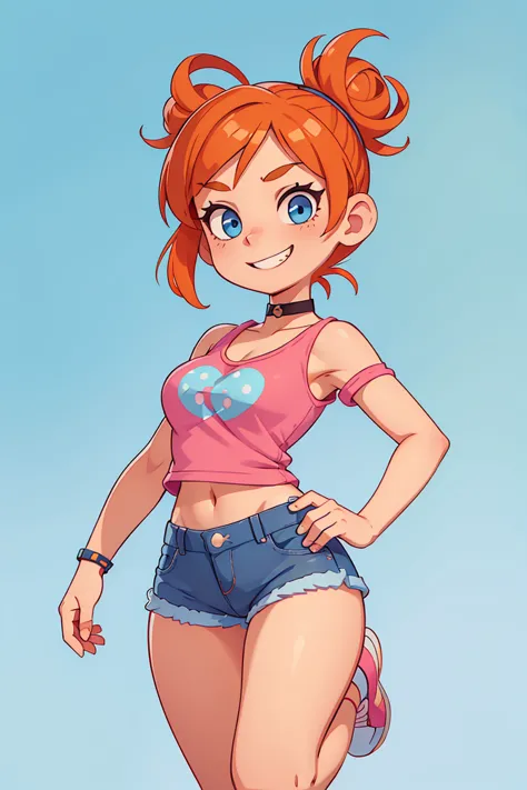 1girl, solo, orange hair, twin buns, blue eyes, eyeliner, light grin, medium breasts, pink t-shirt, black choker, bare shoulders...