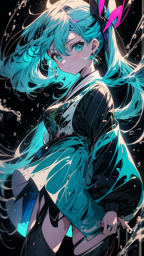 Blue-haired side ponytail，Design clothing，Seven-doppelganger shot，Anime style 4K，Anime girl with teal hair，High quality anime art style，Standing painting，Splash ink background，Blue Themes。