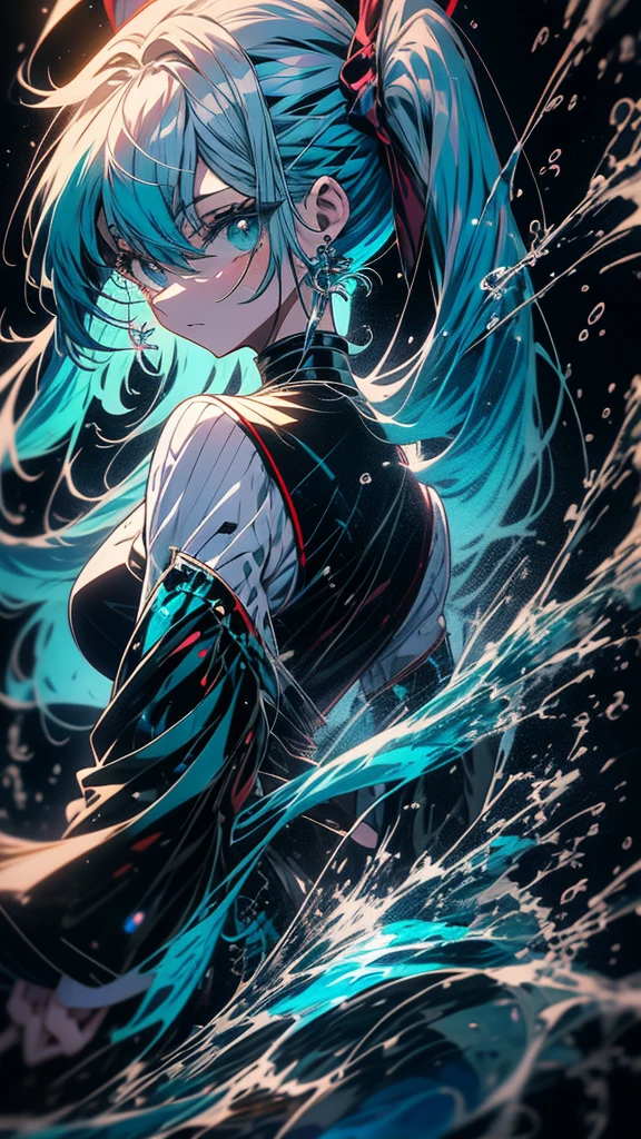 Blue-haired side ponytail，Design clothing，Seven-doppelganger shot，Anime style 4K，Anime girl with teal hair，High quality anime art style，Standing painting，Splash ink background，Blue Themes。