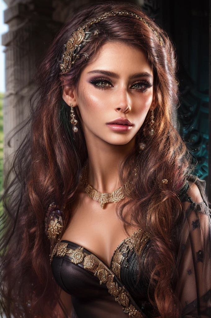 UHD 8k, HDR+, Medusa Gorgon, beautiful girl with a necklace, large piercing eyes, huge earrings, giant earrings, long hair, hair made up of countless small snakes, parted lips, lips, eyelashes, gold earrings with emeralds in her ears, jewelry, gold bracelets, tight dark green gothic dress, black high heels, high heels, slender legs, Against the background of the Gloomy ruins of a Greek temple, detailed background, realistic, 1girl, solo girl, 20 year old girl, ultra realistic face, hyperrealistic, hyperdetailed, (looking at viewers), sharpen, detailed face, detailed eyes, detailed lips, red lips, beautiful face, 16k, FHD, raw photo, cute face mesh, pretty face mesh, portrait shot 8 k