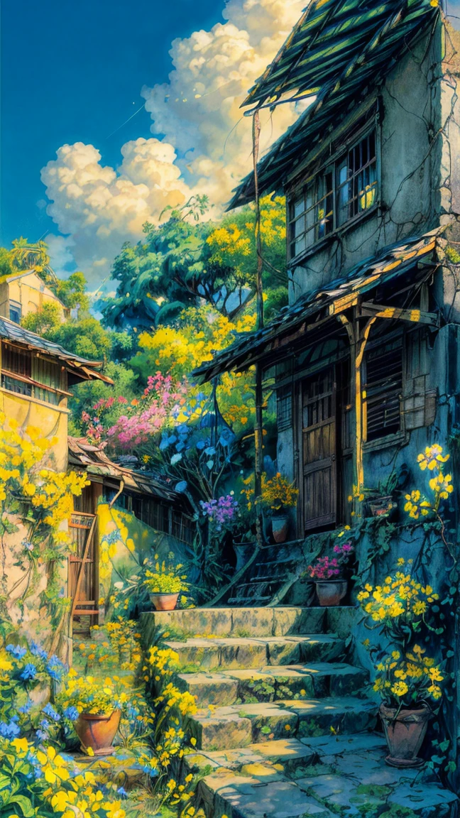 Draw a tintin style anime simple art of an old indian blue and yellow house with cracks, stairs, pots, ladder, green fields behind, dense yellow Bougainvillea flowers coming from inside, greenery, dim light, shade, clouds, beautiful sky, beautiful color palette,