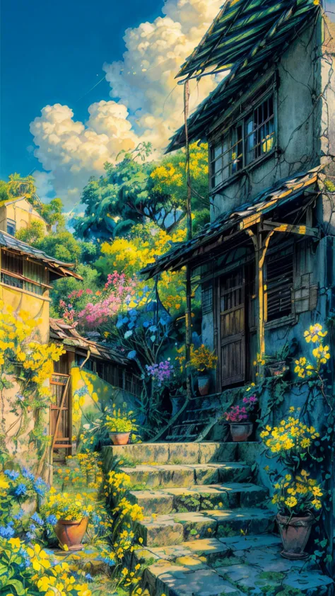 Draw a tintin style anime simple art of an old indian blue and yellow house with cracks, stairs, pots, ladder, green fields behi...