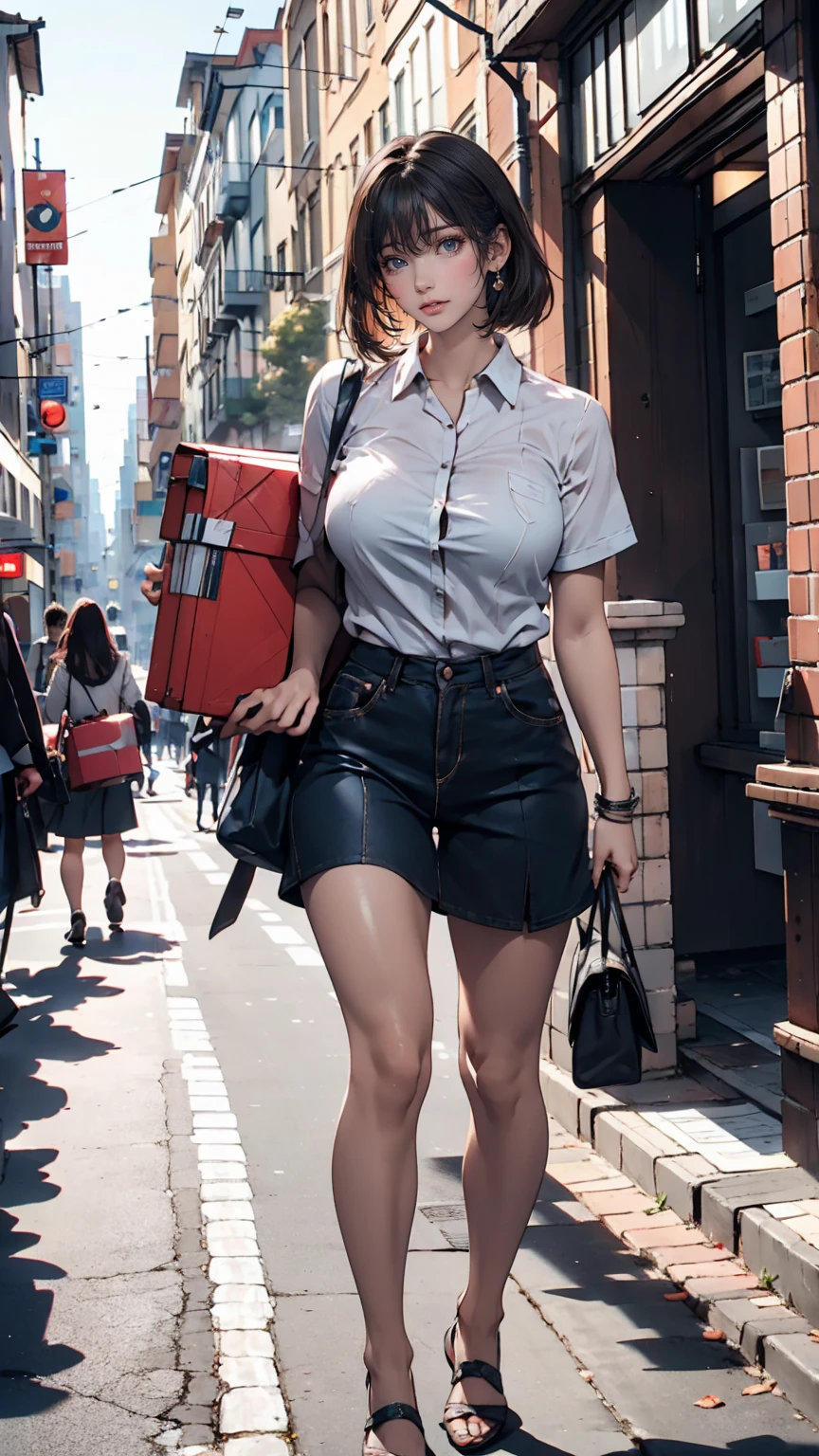 Female courier, Touring, On the way to deliver a parcel, On the streets of the city, High detail, 4K, masterpiece.