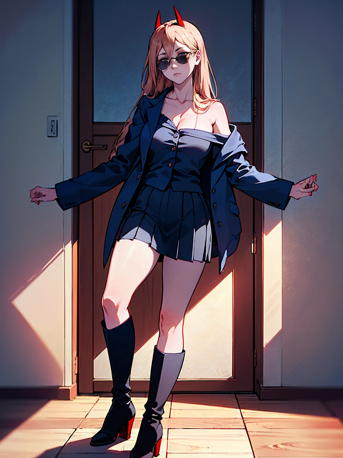 ((１woman:1.9)),((((Naked Tuxedo:1.2, clavicle, Police uniform，navy pleated skirt, Knee-high boots, Red Corner)))), masterpiece，Red Corner, ((Red Corner)), full body, (masterpiece, Highest quality, 8K, 1 person, A perfectly balanced body, Official Art、Highest quality、Unity 8K 壁紙、32k、masterpiece、Ultra-detailed、high resolution、Realistic、Photorealistic:1.2), (Yellow Eyes, Cruciform pupil, Pupil in the shape of a symbol), ((In a navy formal suit１woman:1.9)), Contrapposto, clavicle:1.2, Holding handcuffs, sunglasses
