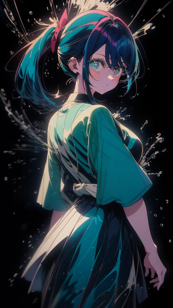 Blue-haired side ponytail，Design clothing，Seven-doppelganger shot，Anime style 4K，Anime girl with teal hair，High quality anime art style，Standing painting，Splash ink background，Blue Themes。