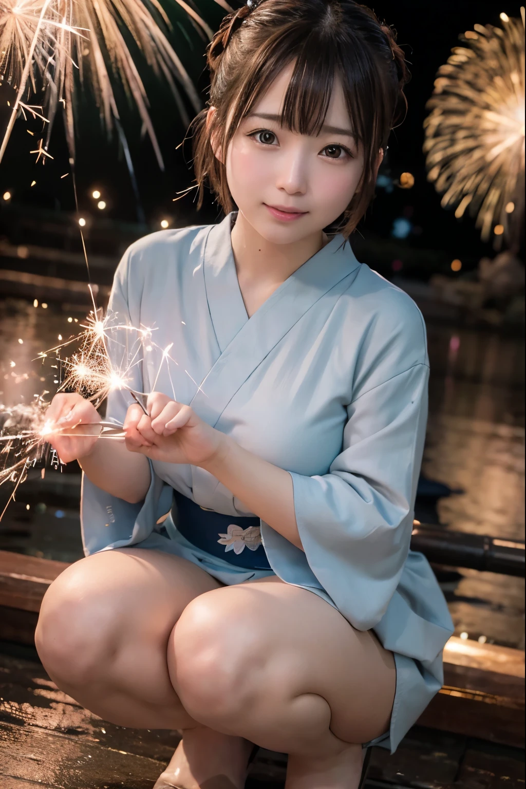 Perfectly Anatomically Correct:1.2, 5 Beautiful finger:1.6, 
1 Japanese Girl, Very Short Hair Bun:1.2, Wide-Set Eyes, Very White Skinned, Blush, Bashfully, 18-Year-Old, Open Mouse Slightly, 
Cute Eyes, Brown Hair, Light Smiling, Cheerful, 
(Turning Japanese Sparklers Below Within Reached Arm:1.6), 
Squatting, ((Pale-Blue Japanese Clothes, Yukata, Kimono)), 
Non-Nipple:1.2, 
Looking Up Viewer:1.2, 
in Riverside Park, 
 BREAK 
8K, RAW Photo, Best Quality, Masterpiece, Realistic, PhotoRealistic, Extremely Detailed 8K Wallpaper, Beautifully Detailed Eyes, Finely Detailed Face, POV Shot, 
 BREAK 
High-Key Lighting, Professional Lighting, Bokeh:1.4