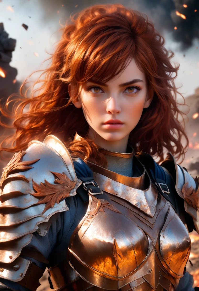 (masterpiece, best quality), Long shot from the front,1 girl, Auburn haired girl in heat treated steel armor, Looking up at danger, low angle shot, battlefield background, fire background, messy hair, broken armor, ragged clothes, detailed eyes, detailed lips, extremely detailed face, realistic, photorealistic, ultra-detailed, vibrant colors, (dramatic lighting), detailed skin, LnF, 