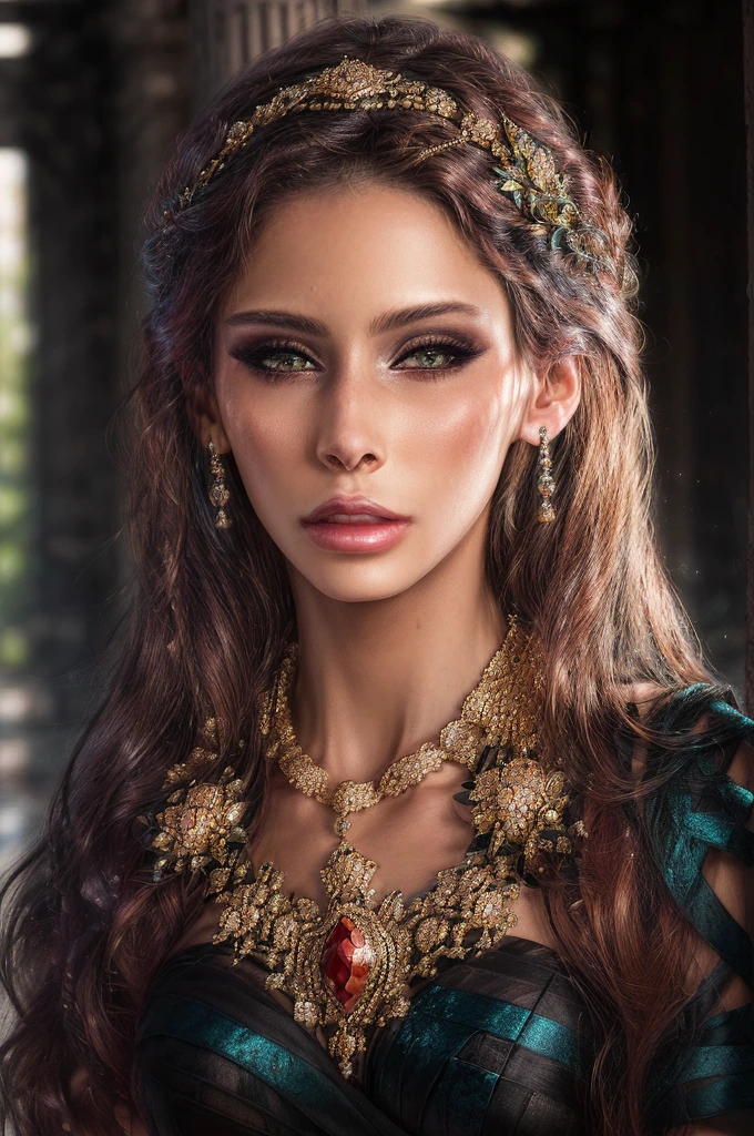 UHD 8k, HDR+, Medusa Gorgon est une belle fille avec un collier, grands yeux perçants, énormes boucles d&#39;oreilles, Boucles d’oreilles géantes, cheveux composés d&#39;innombrables petits serpents, lèvres pulpeuses pleines, cils, boucles d&#39;oreilles en or avec des émeraudes dans ses oreilles, bijoux, bracelets en or, robe gothique moulante vert foncé, black Talons hauts, Talons hauts, jambes fines, Sur fond de ruines sombres d&#39;un temple grec, contexte détaillé, Réaliste, 1fille, Fille célibataire, fille de 20 ans, ultra Réaliste face, hyperRéaliste, hyperdétaillé, (regarder les spectateurs), Aiguiser, Visage détaillé, yeux détaillés, lèvres détaillées, lèvres rouges, Beau visage, 16k, FHD, photo brute, joli visage en maille, joli maillage pour le visage, portrait 8k