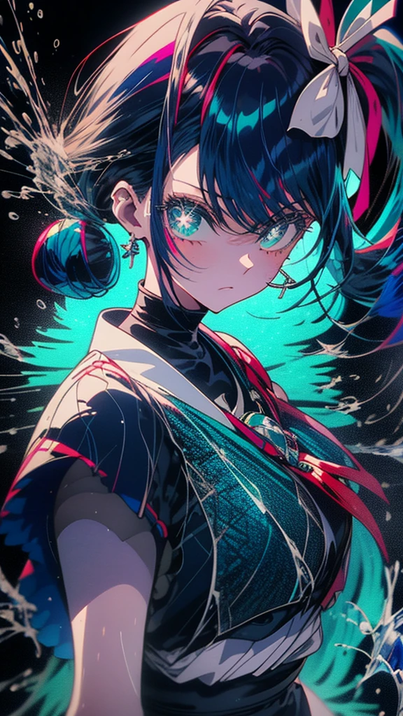 Blue-haired side ponytail，Design clothing，Seven-doppelganger shot，Anime style 4K，Anime girl with teal hair，High quality anime art style,座っている,Splash ink background，Blue Themes。