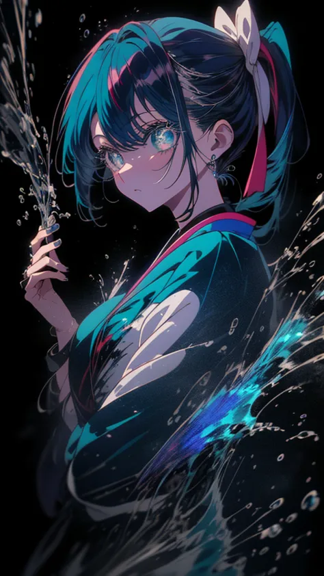 Blue-haired side ponytail，Design clothing，Seven-doppelganger shot，Anime style 4K，Anime girl with teal hair，High quality anime ar...