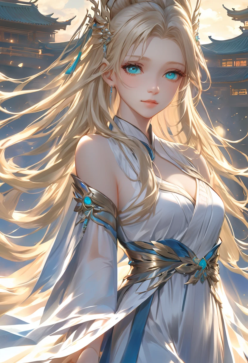 ((Highest quality)), ((masterpiece)), (detailed), ((Perfect Face)),euphilia, One Girl,Anime girl with long blonde hair and dark turquoise eyes in a white dress, Trending on cgstation, artwork in the style of Gwaiz, Gwaiz, Smooth anime CG art, detailedなデジタルアニメアート, Anime Goddess, Fantasy art style, palace ， Girl in Hanfu, Beautiful young wind spirit, Beautiful Anime Girls, ! Dream Art Germ,