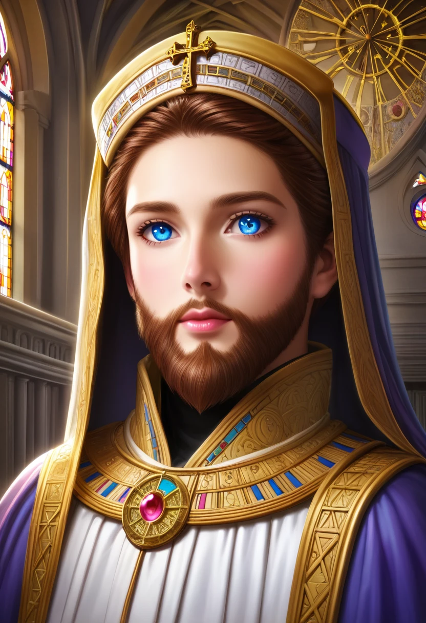 detailed illustration, dynamic angle, ultra-detailed, illustration, clean line art, shading, anime, detailed eyes, detailed face, beautiful face, dramatic lighting, detailed illustration, dynamic angle, ultra-detailed, illustration, masterpiece, masterwork, beautiful, blue eyes, whole body shot

Neko, cat boy, dressed in purple silk robes, beard, orthodox priest robes. Byzantine church.