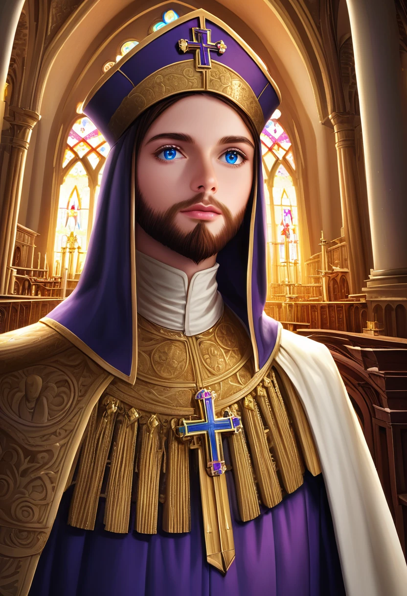 detailed illustration, dynamic angle, ultra-detailed, illustration, clean line art, shading, anime, detailed eyes, detailed face, beautiful face, dramatic lighting, detailed illustration, dynamic angle, ultra-detailed, illustration, masterpiece, masterwork, beautiful, blue eyes, whole body shot

Neko, cat boy, dressed in purple silk robes, beard, orthodox priest robes. Byzantine church.