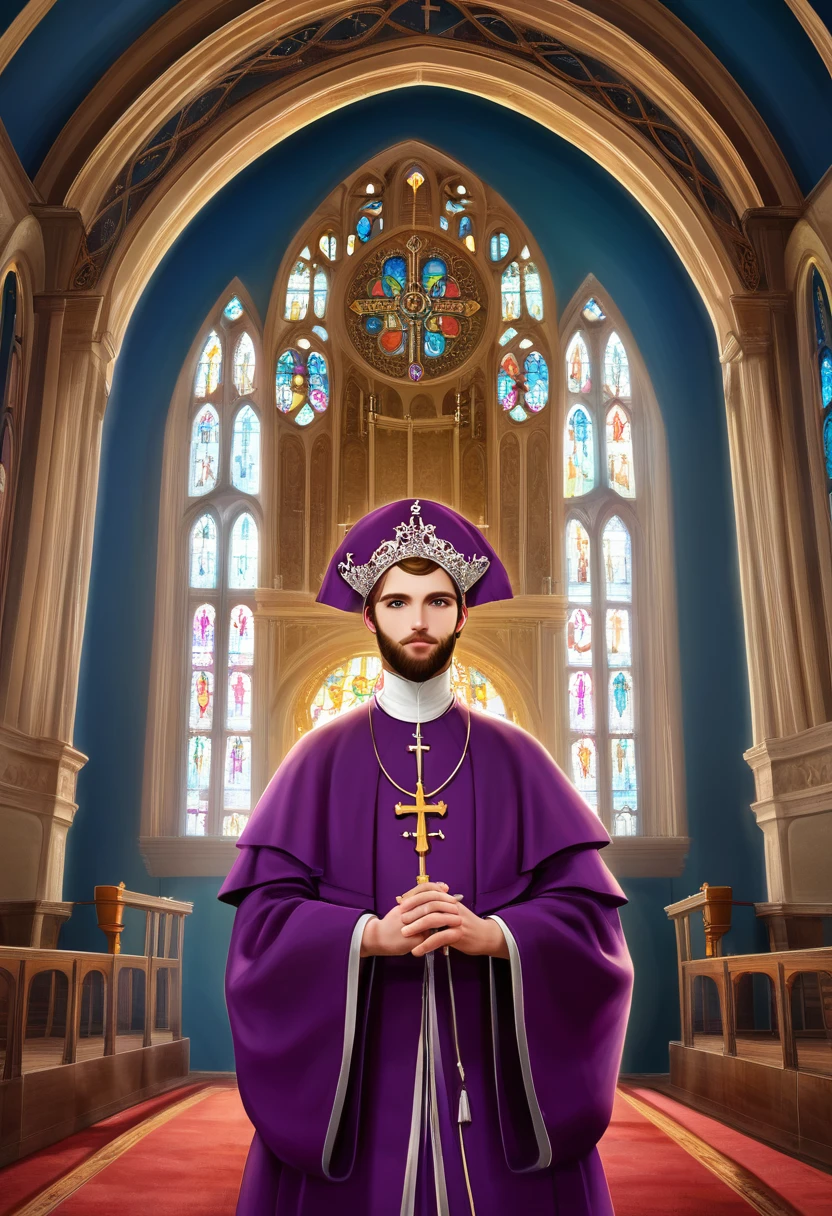 detailed illustration, dynamic angle, ultra-detailed, illustration, clean line art, shading, anime, detailed eyes, detailed face, beautiful face, dramatic lighting, detailed illustration, dynamic angle, ultra-detailed, illustration, masterpiece, masterwork, beautiful, blue eyes, whole body shot

Neko, cat boy, dressed in purple silk robes, beard, orthodox priest robes. Byzantine church.