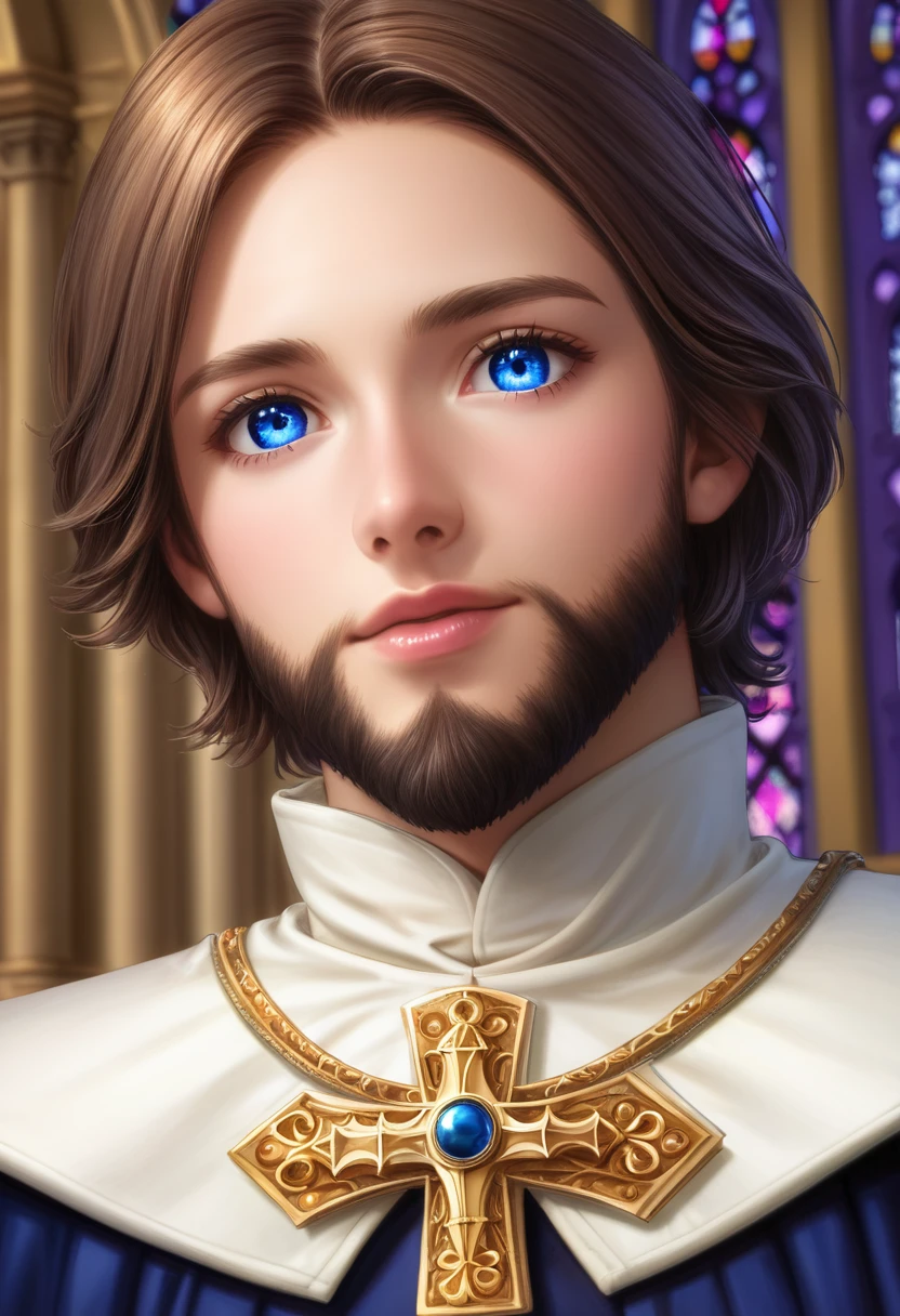 detailed illustration, dynamic angle, ultra-detailed, illustration, clean line art, shading, anime, detailed eyes, detailed face, beautiful face, dramatic lighting, detailed illustration, dynamic angle, ultra-detailed, illustration, masterpiece, masterwork, beautiful, blue eyes, whole body shot

Neko, cat boy, dressed in purple silk robes, beard, orthodox priest robes. Byzantine church.