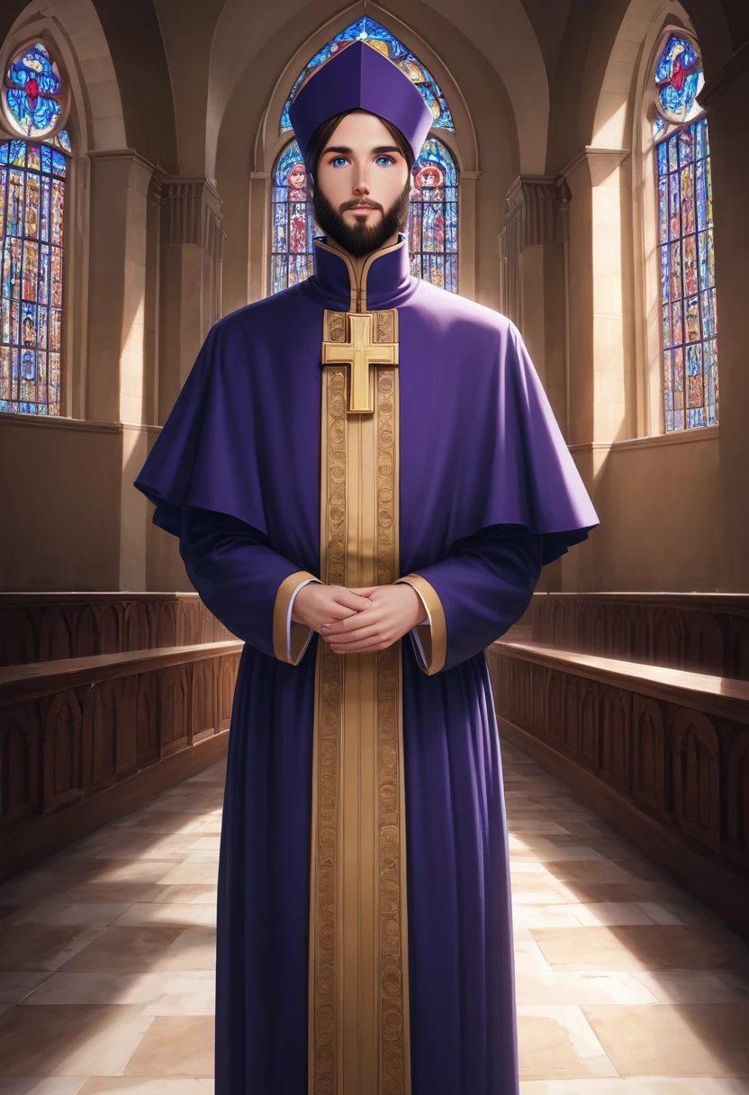 detailed illustration, dynamic angle, ultra-detailed, illustration, clean line art, shading, anime, detailed eyes, detailed face, beautiful face, dramatic lighting, detailed illustration, dynamic angle, ultra-detailed, illustration, masterpiece, masterwork, beautiful, blue eyes, whole body shot

Neko, cat boy, dressed in purple silk robes, beard, orthodox priest robes. Byzantine church.