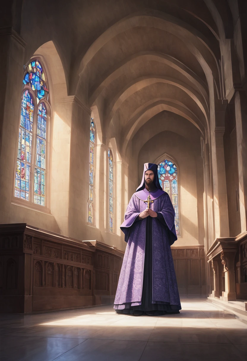 detailed illustration, dynamic angle, ultra-detailed, illustration, clean line art, shading, anime, detailed eyes, detailed face, beautiful face, dramatic lighting, detailed illustration, dynamic angle, ultra-detailed, illustration, masterpiece, masterwork, beautiful, blue eyes, whole body shot

Neko, cat boy, dressed in purple silk robes, beard, orthodox priest robes. Byzantine church.