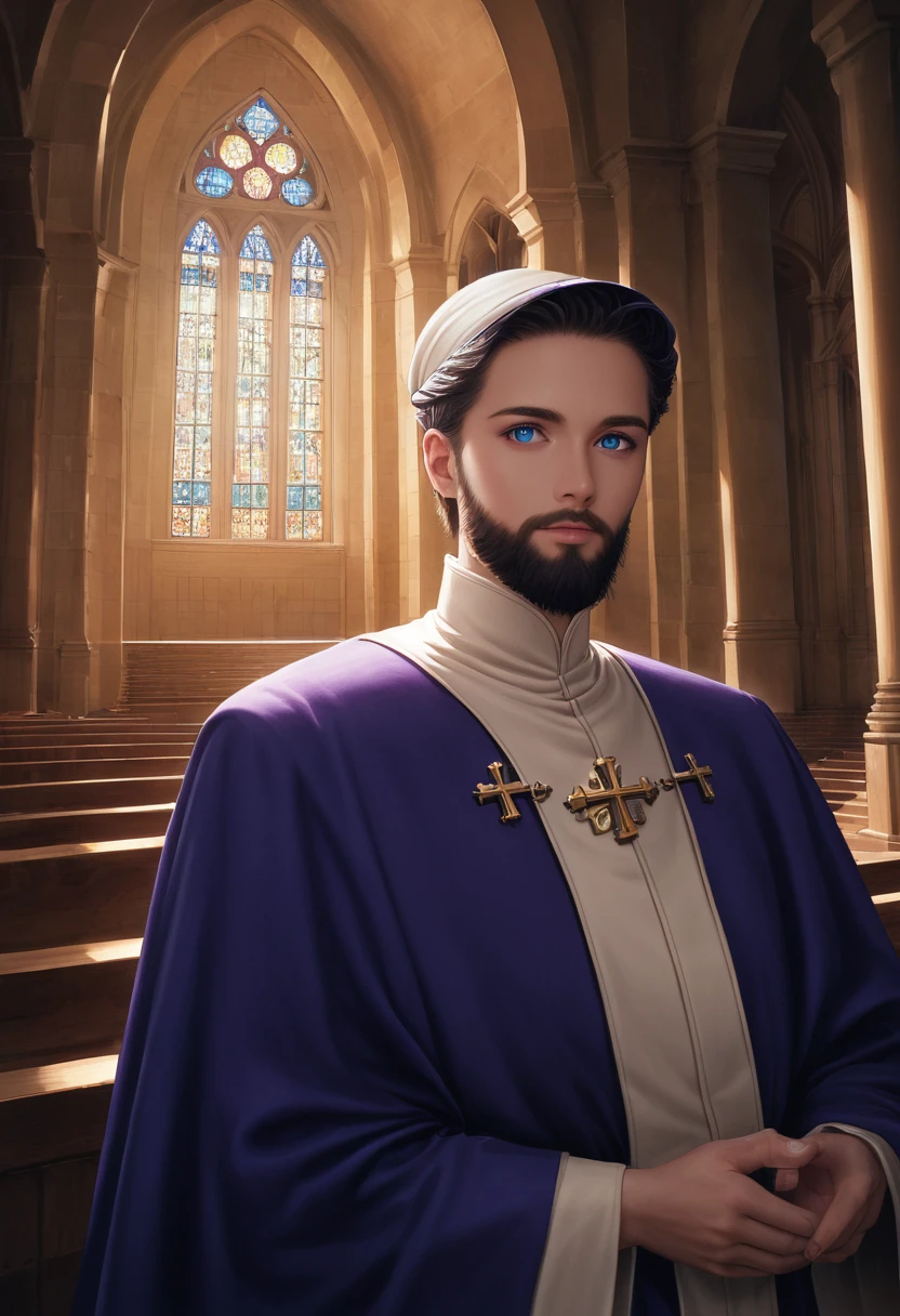 detailed illustration, dynamic angle, ultra-detailed, illustration, clean line art, shading, anime, detailed eyes, detailed face, beautiful face, dramatic lighting, detailed illustration, dynamic angle, ultra-detailed, illustration, masterpiece, masterwork, beautiful, blue eyes, whole body shot

Neko, cat boy, dressed in purple silk robes, beard, orthodox priest robes. Byzantine church.