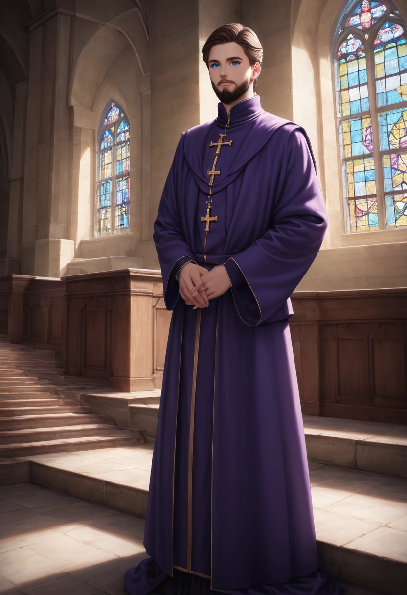 detailed illustration, dynamic angle, ultra-detailed, illustration, clean line art, shading, anime, detailed eyes, detailed face, beautiful face, dramatic lighting, detailed illustration, dynamic angle, ultra-detailed, illustration, masterpiece, masterwork, beautiful, blue eyes, whole body shot

Neko, cat boy, dressed in purple silk robes, beard, orthodox priest robes. Byzantine church.