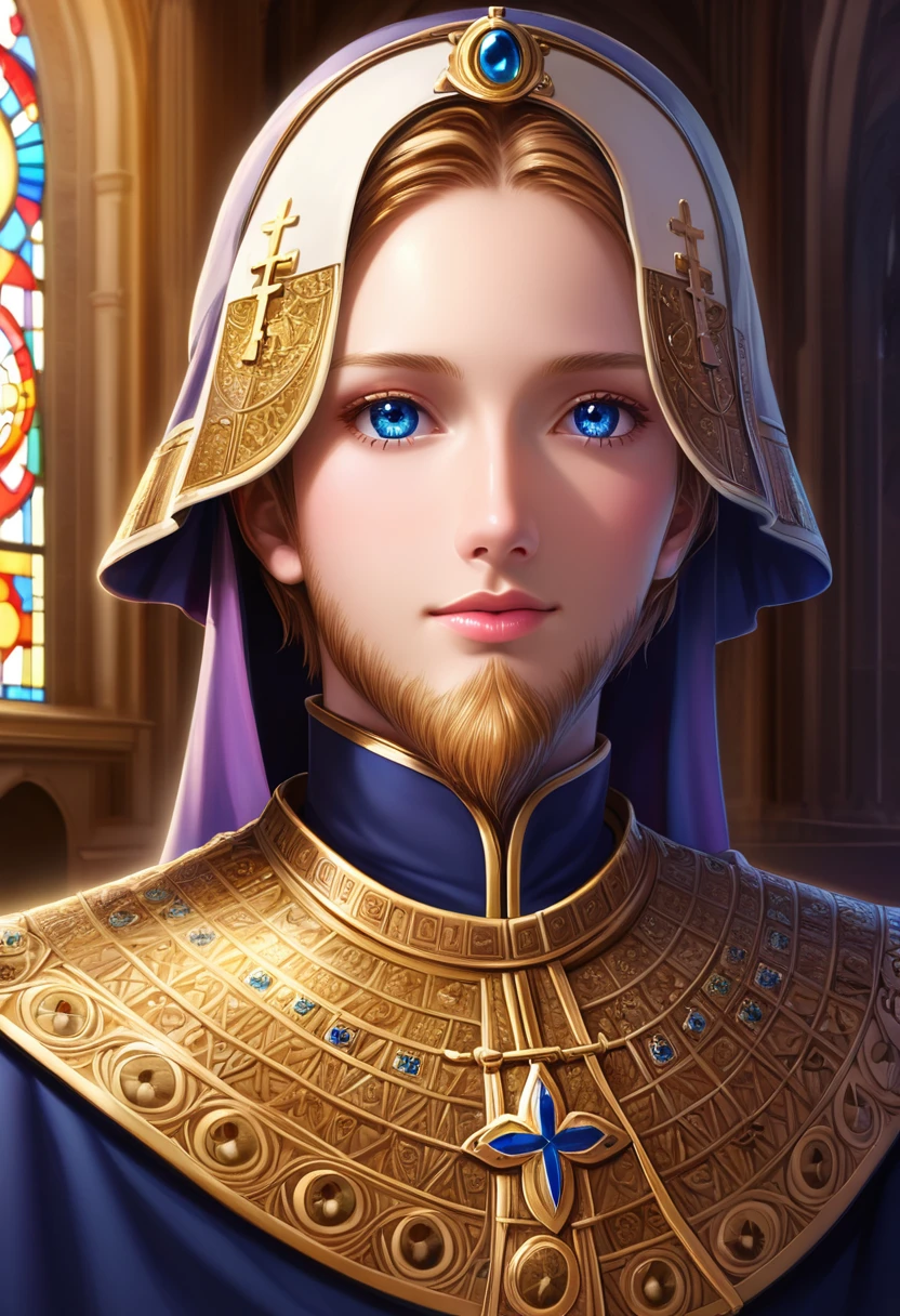 detailed illustration, dynamic angle, ultra-detailed, illustration, clean line art, shading, anime, detailed eyes, detailed face, beautiful face, dramatic lighting, detailed illustration, dynamic angle, ultra-detailed, illustration, masterpiece, masterwork, beautiful, blue eyes, whole body shot

Neko, cat boy, dressed in purple silk robes, beard, orthodox priest robes. Byzantine church.