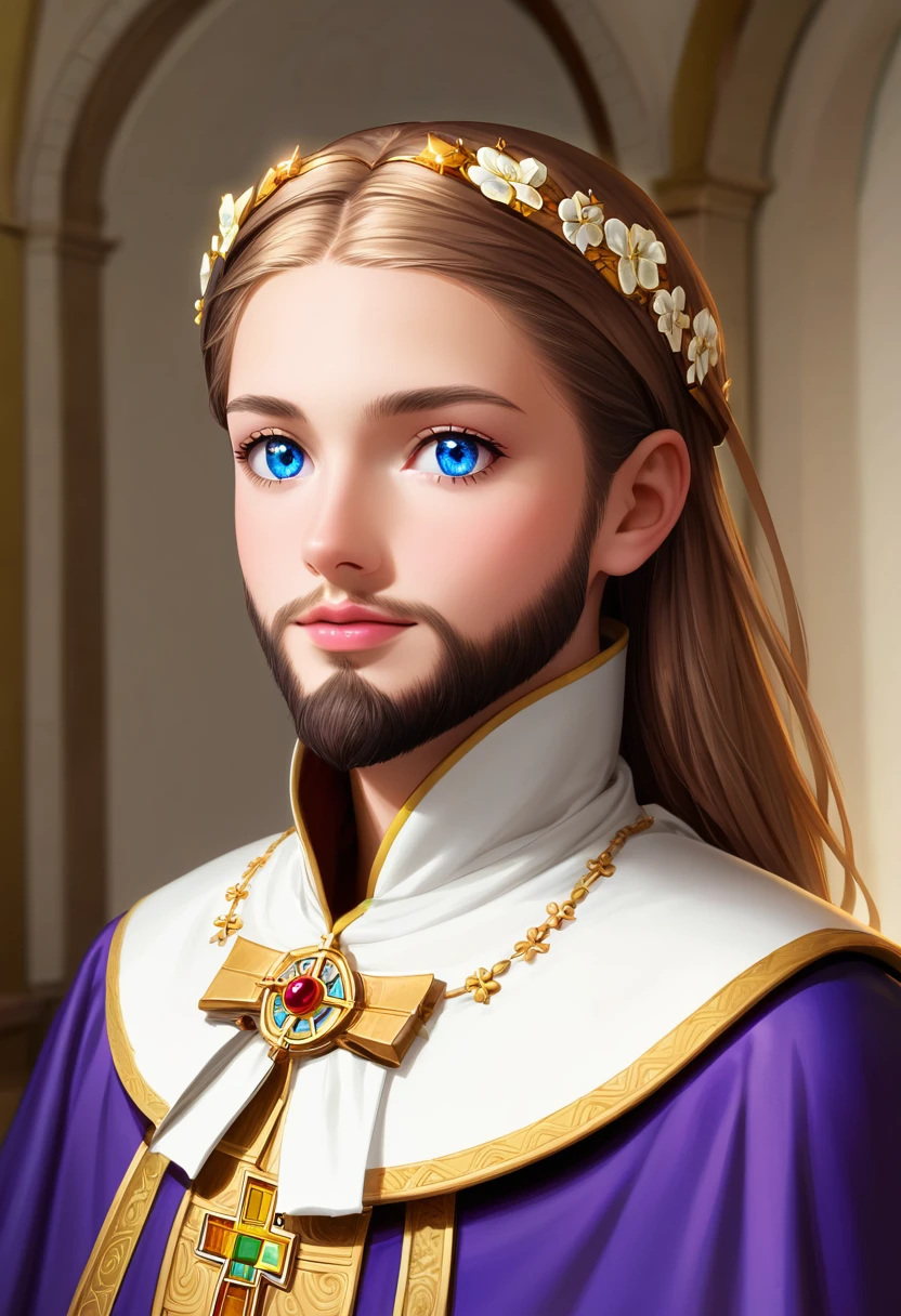 detailed illustration, dynamic angle, ultra-detailed, illustration, clean line art, shading, anime, detailed eyes, detailed face, beautiful face, dramatic lighting, detailed illustration, dynamic angle, ultra-detailed, illustration, masterpiece, masterwork, beautiful, blue eyes, whole body shot

Neko, cat boy, dressed in purple silk robes, beard, orthodox priest robes. Byzantine church.