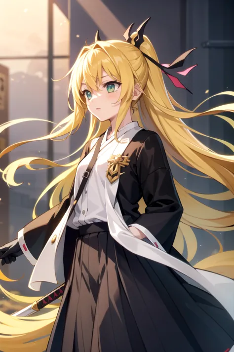 a girl with long yellow hair, and the ends are colored light green. the eyes are green, and the pupils are black in the shape of...