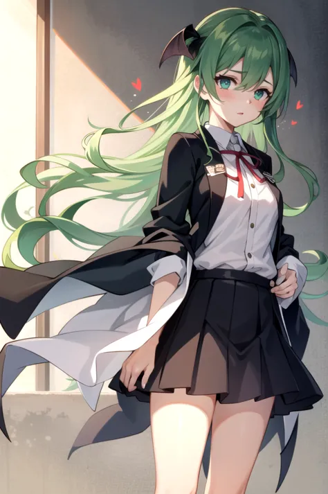 a girl with long yellow hair, and the ends are colored light green. the eyes are green, and the pupils are black in the shape of...