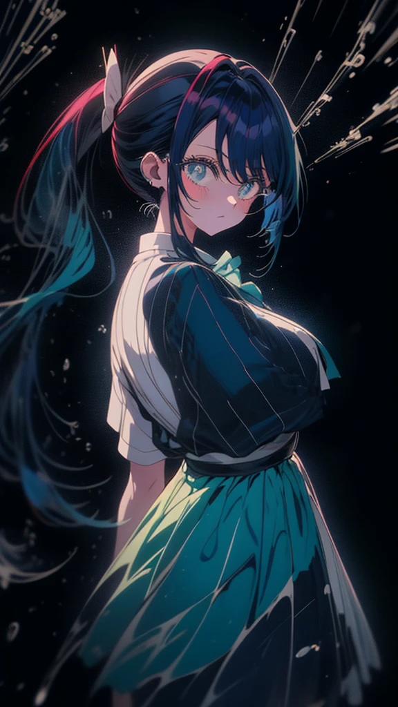 Blue-haired side ponytail，Design clothing，Seven-doppelganger shot，Anime style 4K，Anime girl with teal hair，High quality anime art style，Standing painting，Splash ink background，Blue Themes、blue sky