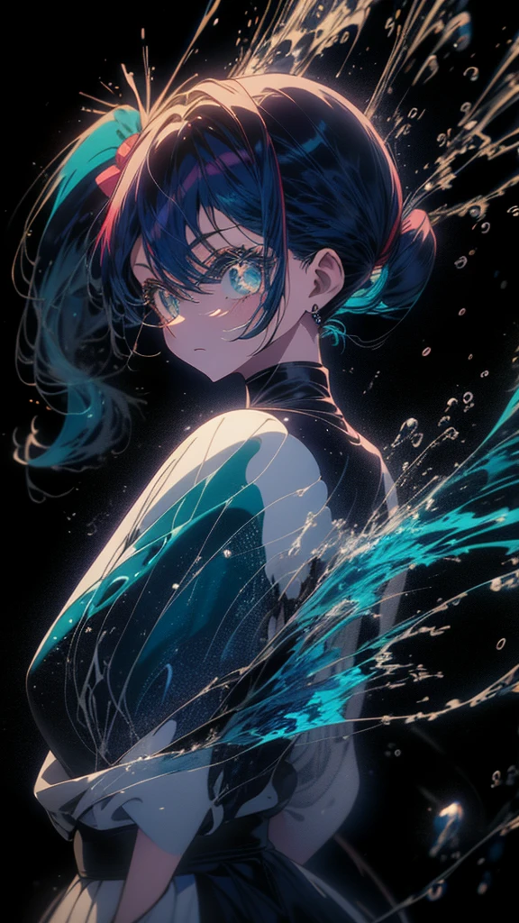 Blue-haired side ponytail，Design clothing，Seven-doppelganger shot，Anime style 4K，Anime girl with teal hair，High quality anime art style，Standing painting，Splash ink background，Blue Themes、blue sky