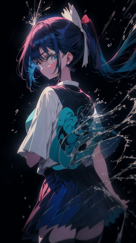 Blue-haired side ponytail，Design clothing，Seven-doppelganger shot，Anime style 4K，Anime girl with teal hair，High quality anime art style，Standing painting，Splash ink background，Blue Themes。