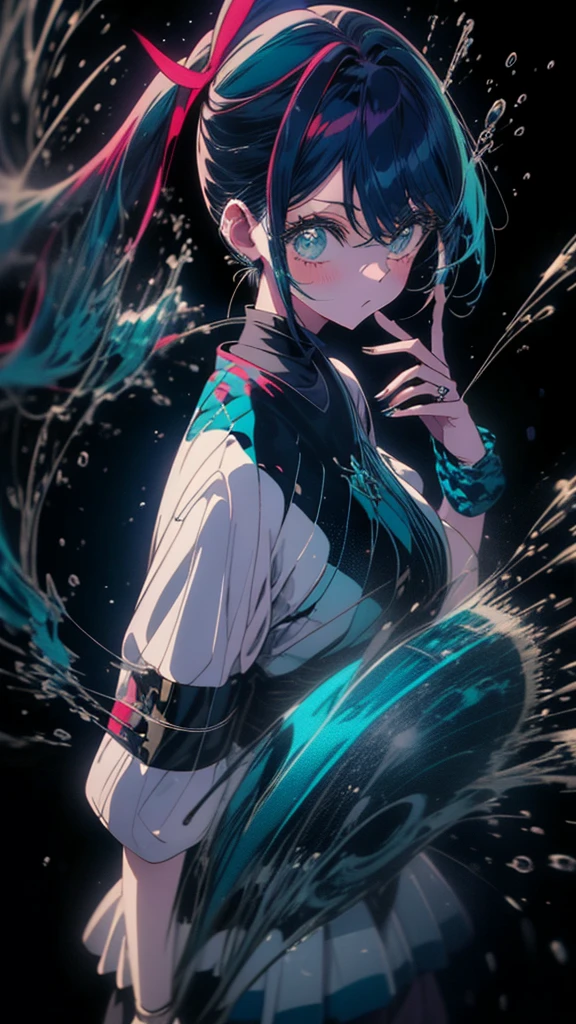 Blue-haired side ponytail，Design clothing，Seven-doppelganger shot，Anime style 4K，Anime girl with teal hair，High quality anime art style，Standing painting，Splash ink background，Blue Themes。