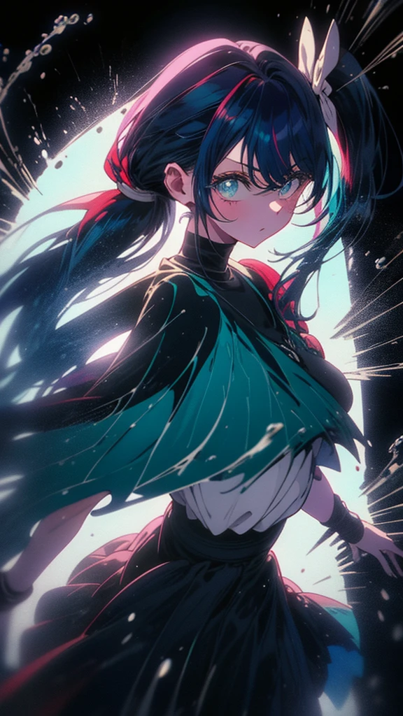 Blue-haired side ponytail，Design clothing，Seven-doppelganger shot，Anime style 4K，Anime girl with teal hair，High quality anime art style，Standing painting，Splash ink background，Blue Themes。