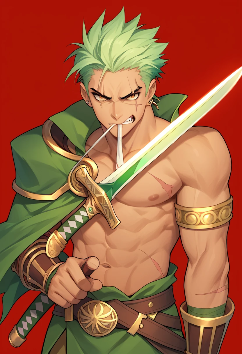 score_9, score_8_up, score_7_up, score_6_up, score_5_up, score_4_up, zoro, intense expression, green hair, scar over left eye, sword in mouth, ready for battle, confident, determined, strength, red background, dark, fierce