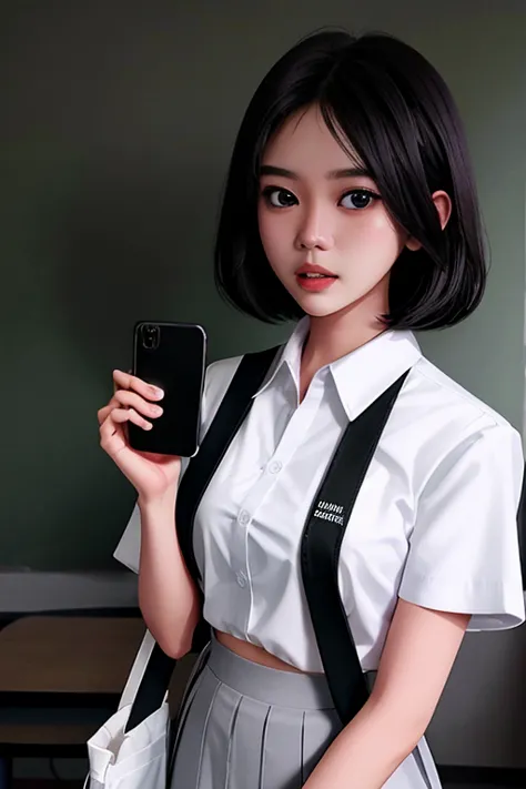 (((ultra-hd-quality-details))) , indonesian, southeast asian high school girl with a round face, short black hair with a scared ...