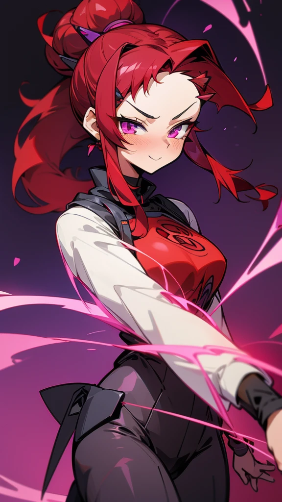 high tail hairstyle, Ponytail hairstyle, Long wavy black hair, standing posing, anime girl style, pixel art anime style,penetrating look with deep eyes,red and purple eyes, hair with a ponytail hairstyle trapped with a big red bun, Women, red hair clips, x color shaped hair clips , smiling face blush, 