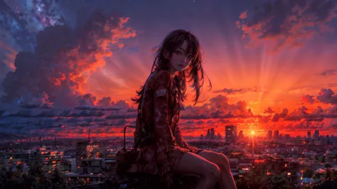 outdoor, high sky, many cloud, red sunset, summer, rain, sky, scenery, sunset sky, night, 1girl, solo, outdoors, building, cloud...