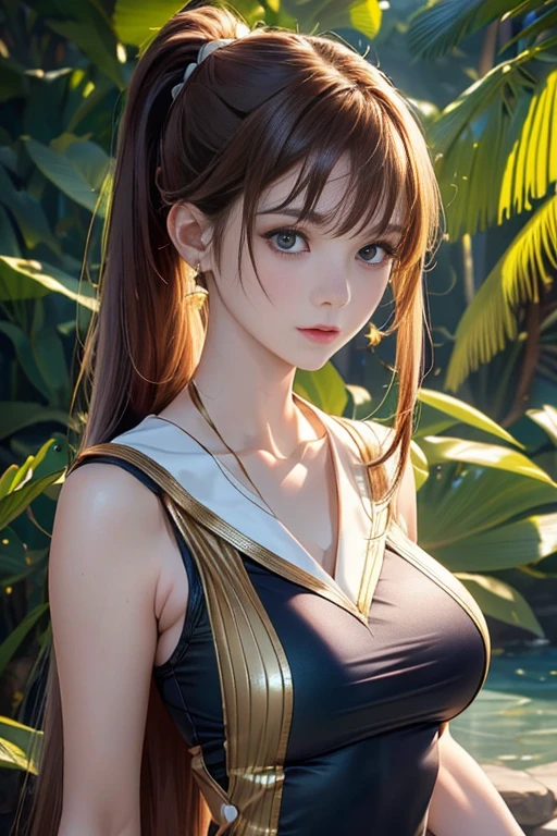 extreme close up,1 girl,(highly detailed skin),crooked,,beautiful breasts,(big breasts),pale skin,pointed chest,erect nipples,(fantasy art,best image quality,surrealist portrait,(8K),Super realistic,最high quality, high quality, High resolution, high quality texture,high detail,beautiful,Detailed,Very detailed CG,Detailed texture,realistic expression of face,masterpiece,sense of presence,dynamic,bold),ponytail,(super thin hair),(super soft hair),(ultra straight hair:1.5),long flowing bangs,extra light coppery amber hair,hair above one eye,dressed,baggy t-shirt,see-through sailor swimsuit